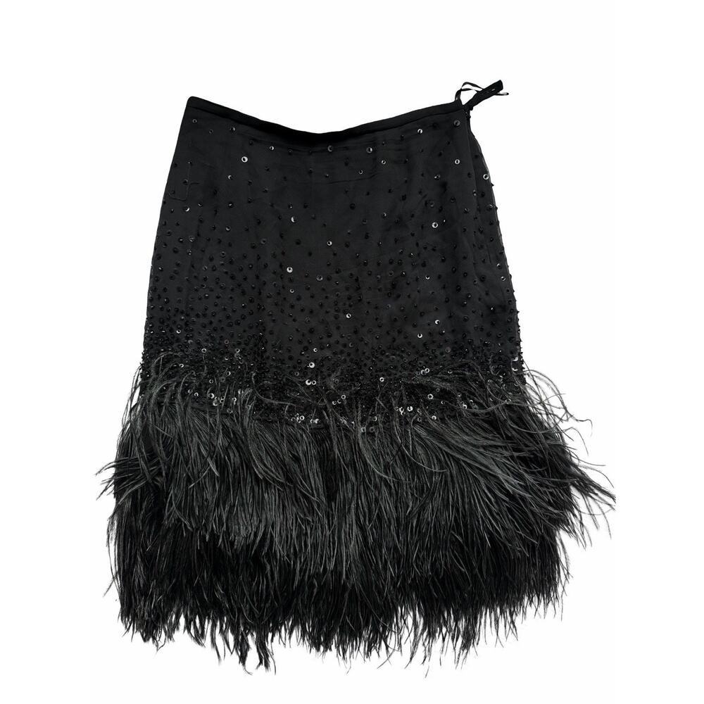 Ostrich Feather Skirt Black Knee Length Dressy Beads Size 2 WORTH: 100% Silk